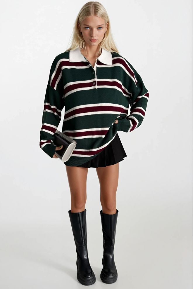 Black Fashion Zelený Oversized Sveter S Pruhovaným Polovým Výstrihom Veľkoobchod s oblečením Streetwear