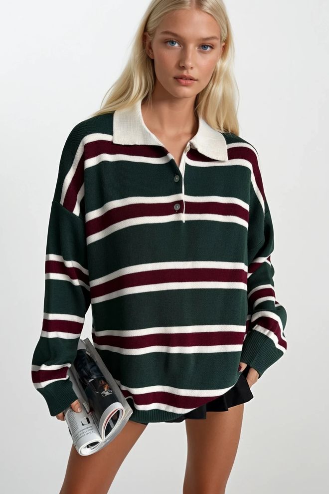 Black Fashion Green Oversized Fit Striped Polo Neck Sweater Wholesale Clothing Viscose