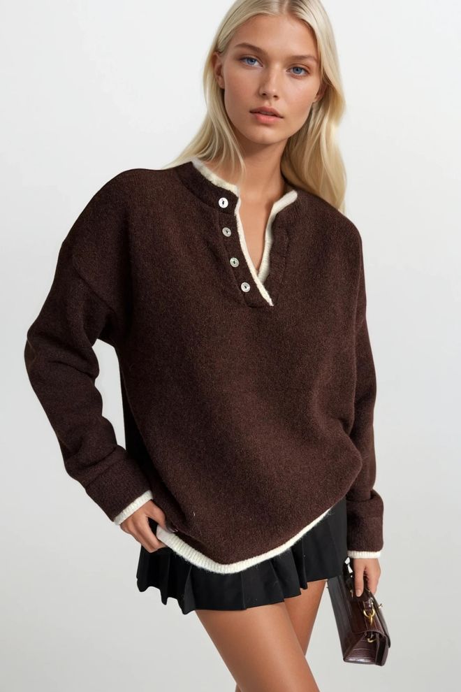 Black Fashion Bruine Casual Trui Met Opa Hals Groothandel Kleding Streetwear