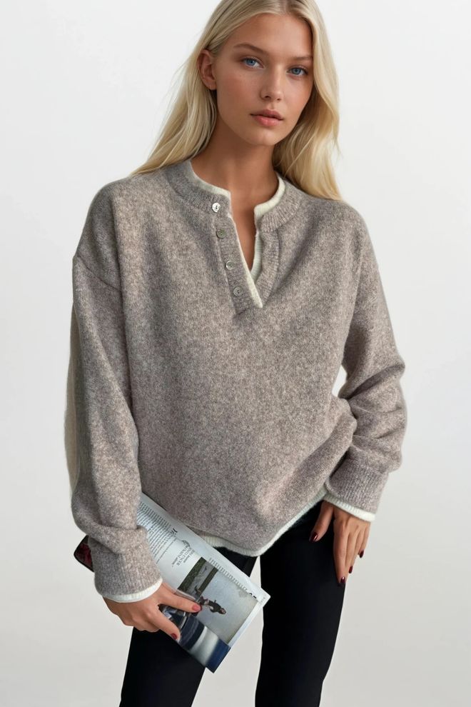 Black Fashion Smėlio Spalvos Megztinis Oversized Su Grandad Apykakle Darbui Ir Laisvalaikiui Didmeninė prekyba drabužiais Zomša