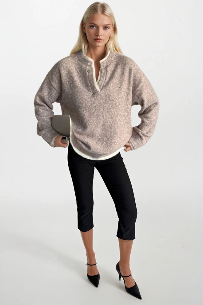 Black Fashion Beige Oversized Fit Grandad Neck Sweater Wholesale Clothing Acrylic