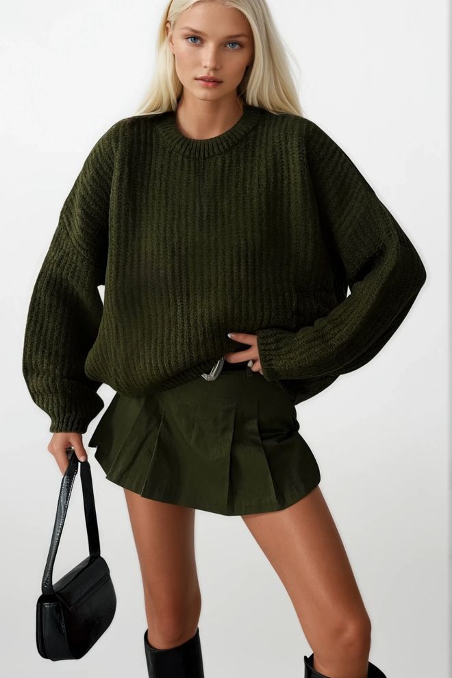 Black Fashion Green Sweater Oversized Fit Casual Crew Neck Wholesale Clothing Streetwear