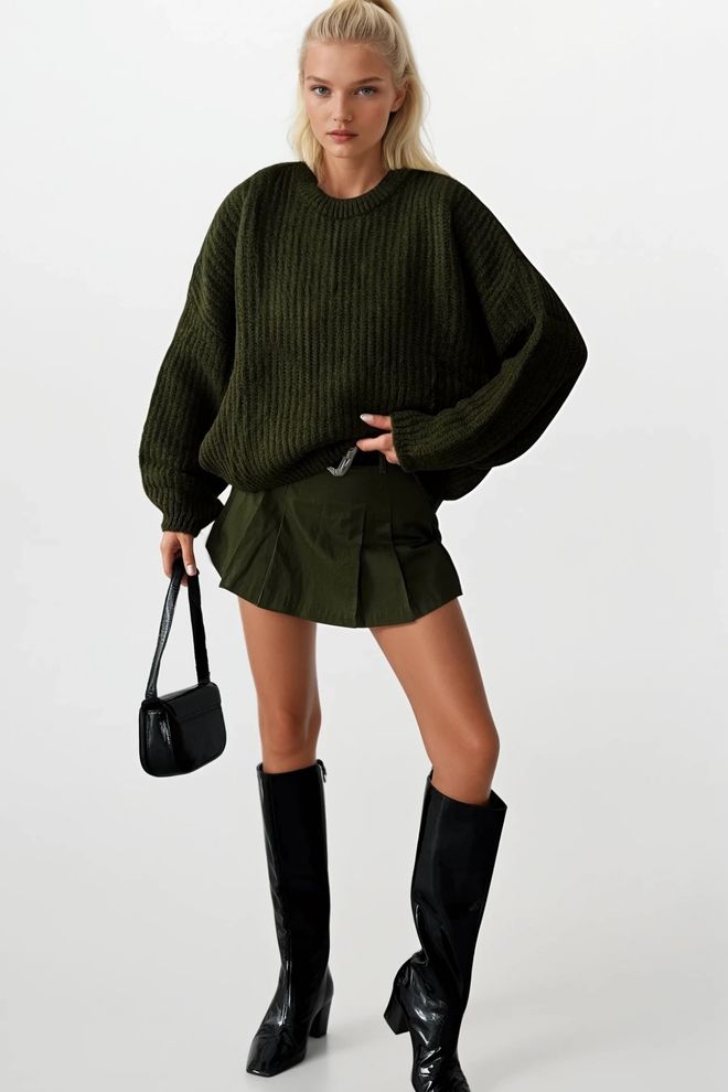 Black Fashion Green Sweater Oversized Fit Casual Crew Neck Wholesale Clothing Acrylic