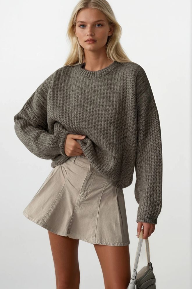 Black Fashion Khaki Oversized Fit Casual Sweater For Fall & Winter Wholesale Clothing Acrylic