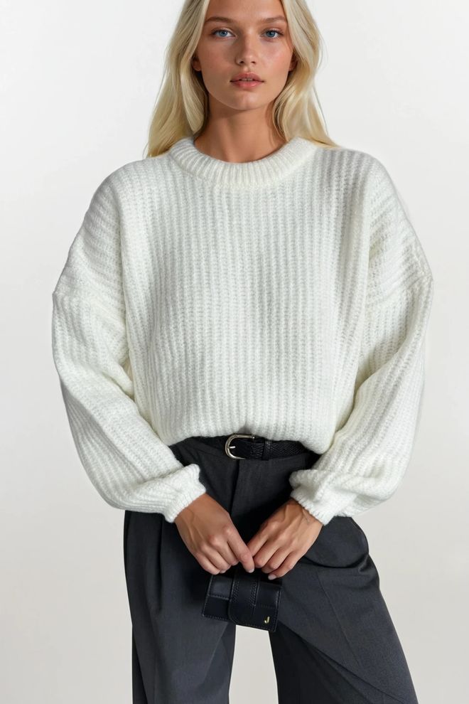 Black Fashion Knit Detail Basic Knitwear Sweater White Wholesale Clothing Streetwear