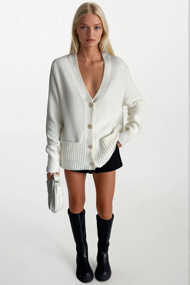 Black Fashion Elegant White Cardigan With Patch Pockets Wholesale Clothing Viscose