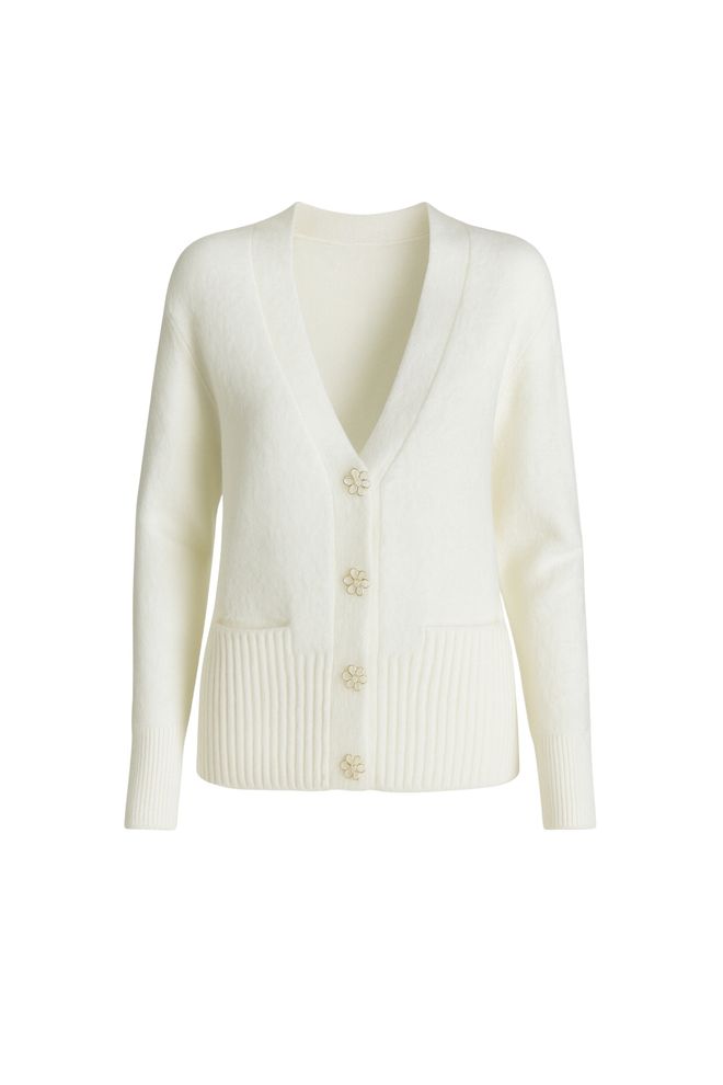 Black Fashion Elegant White Cardigan With Patch Pockets Wholesale Clothing Work