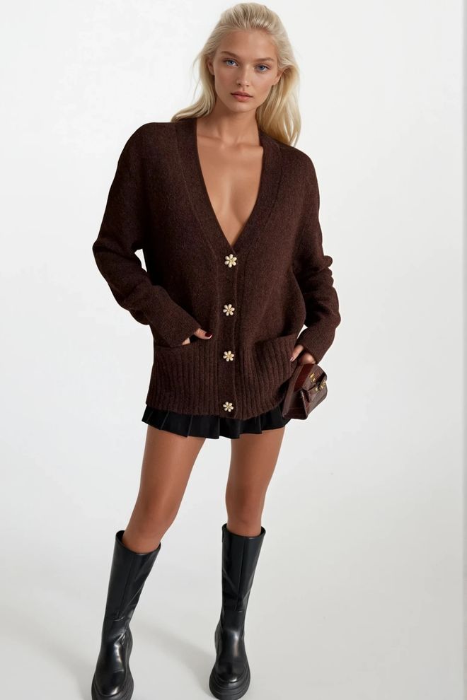Black Fashion Brown Oversized Fit V Neck Cardigan With Patch Pockets Wholesale Clothing Viscose