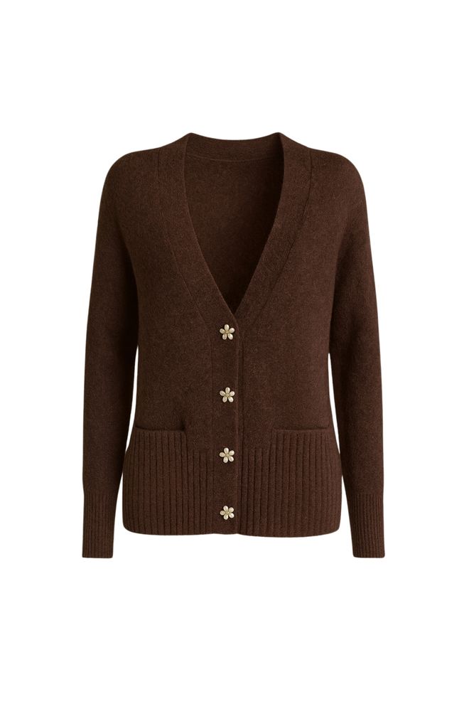 Black Fashion Brown Oversized Fit V Neck Cardigan With Patch Pockets Wholesale Clothing Work