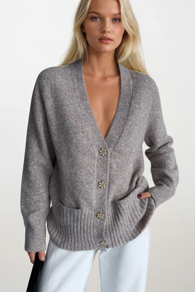 Black Fashion Grey Cardigan With V Neck And Patch Pockets Wholesale Clothing Streetwear