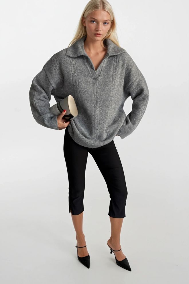 Black Fashion Grey Oversized Fit Sweater With Notched Neck Wholesale Clothing Streetwear