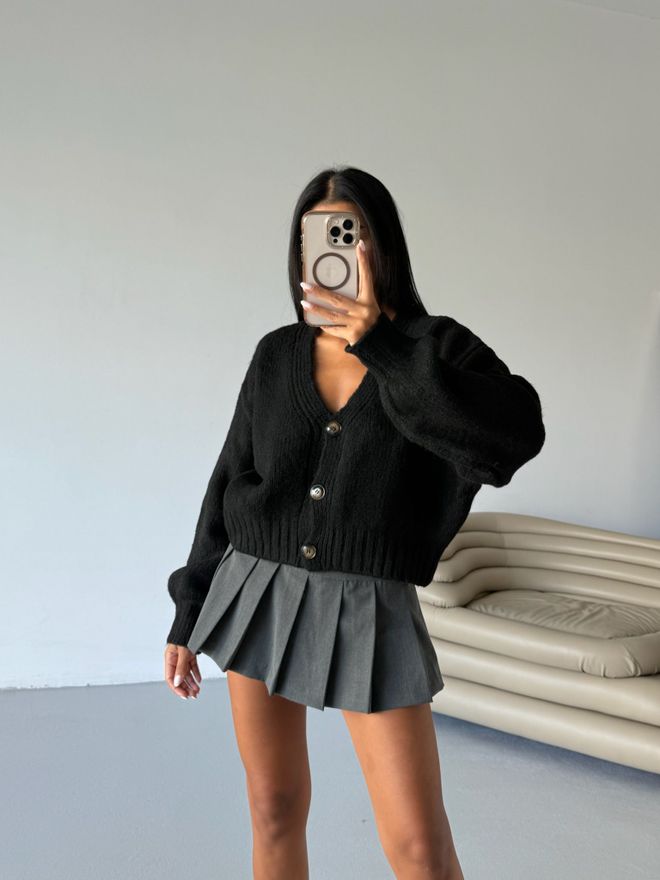 Black Fashion Siyah Günlük Oversized V Yaka Hırka Toptan Giyim İş