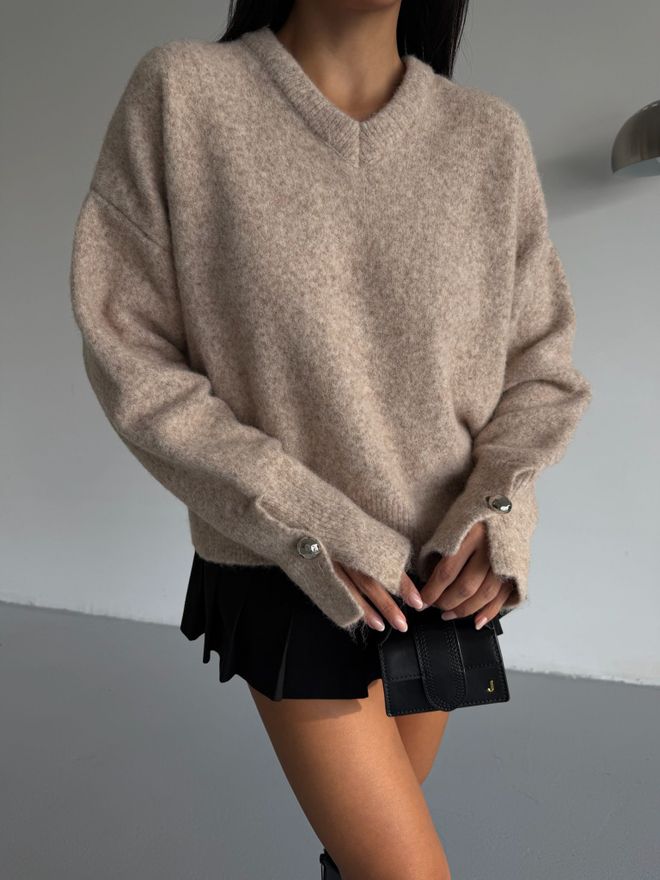 Black Fashion Bej Bol Kalıp V Yaka Uzun Düz Kollu Kazak Toptan Giyim Gündelik