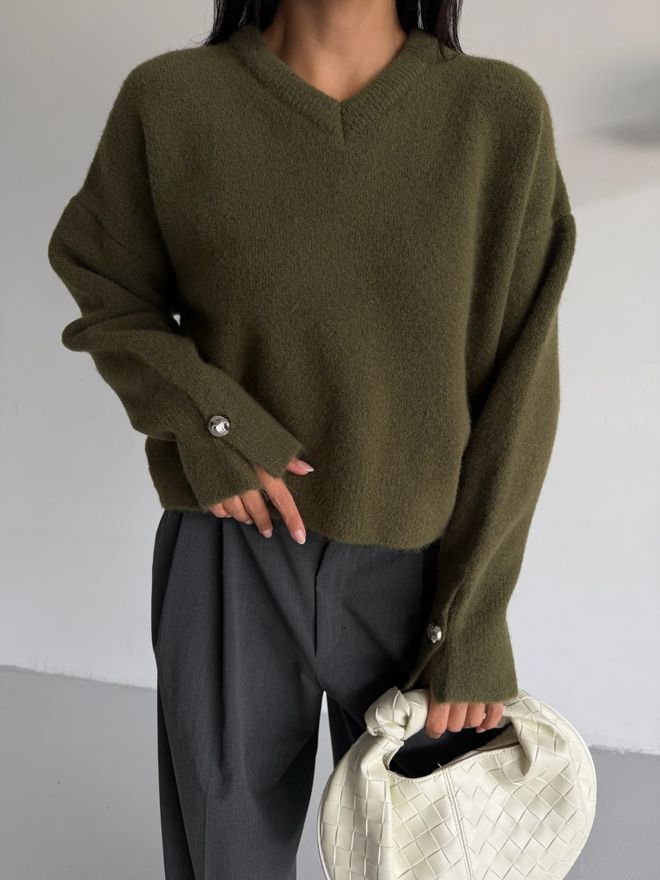 Black Fashion Yeşil Gündelik Zarif V Yakalı Bol Kesim Kazak Toptan Giyim Sokak Tarzı