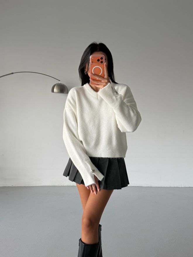 Black Fashion Beyaz Kazak Bol Kalıp V Yaka Uzun Kol Toptan Giyim Gündelik