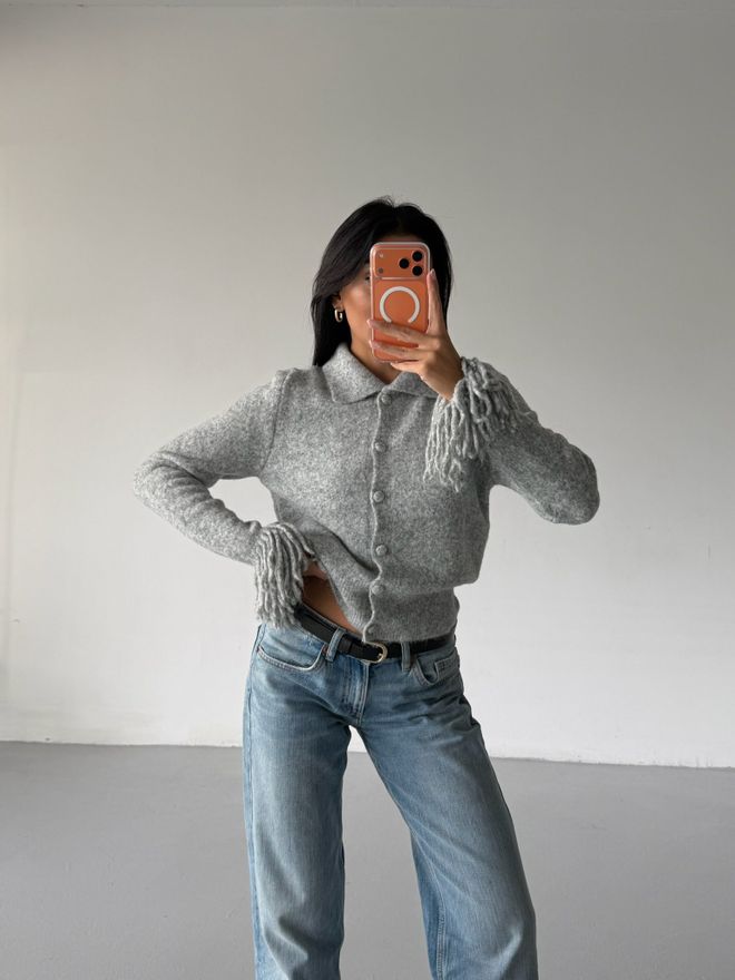 Black Fashion Gri Gündelik Zarif Hırka Toptan Giyim Gündelik