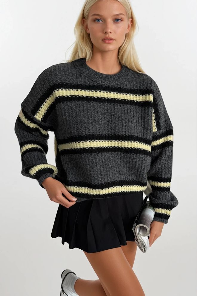 Black Fashion Gri Çizgili Bol Kalıp Kazak Toptan Giyim Gündelik