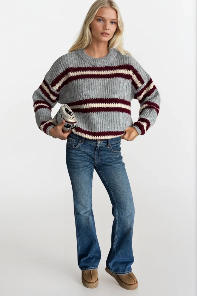 Black Fashion Gri Gündelik Nostaljik Çizgili Kazak Toptan Giyim Gündelik