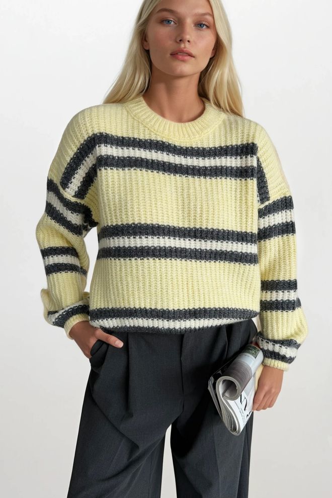 Black Fashion Sarı Gündelik Çizgili Bol Kalıp Kazak Toptan Giyim Gündelik