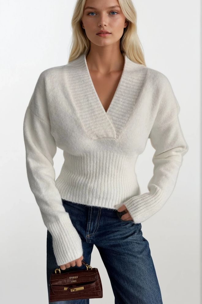 Black Fashion Bijeli Džemper S V izrezom I Užim Krojem S Dugim Rukavima Veleprodaja odjeće Ležerni