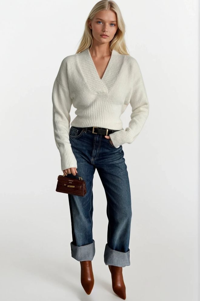 Black Fashion Бели Џемпер Са В изрезом И Прилагођеним Кројем Са Дугим Рукавима Велепродаја одеће Акрил