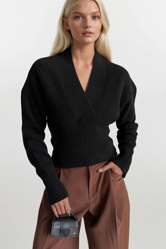 Black Fashion Jersey Negro Ajustado Con Cuello En V Ropa al por mayor Casual