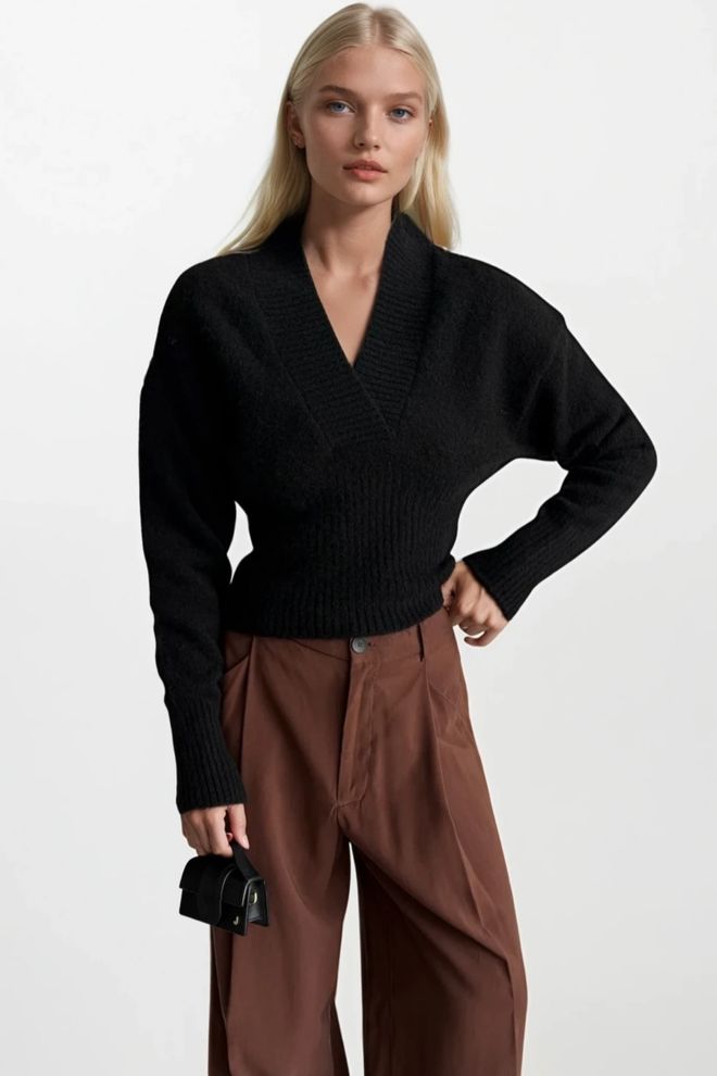 Black Fashion Μαύρο Πουλόβερ Slim Fit Με V λαιμόκοψη Χονδρικό εμπόριο ενδυμάτων Ακρυλικό