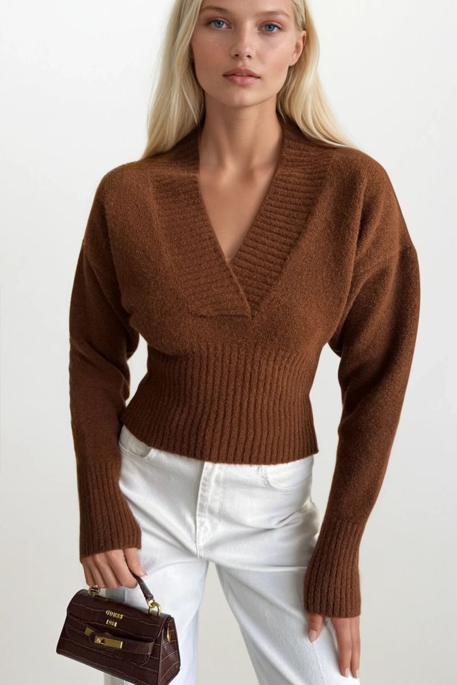 Black Fashion Smeđi Džemper S V izrezom I Uskim Dugim Rukavima Veleprodaja odjeće Ležerni