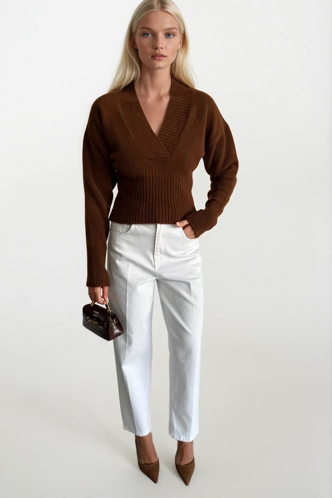 Black Fashion Καφέ Πουλόβερ Με V Neck Και Εφαρμοστά Μακριά Μανίκια Χονδρικό εμπόριο ενδυμάτων Ακρυλικό