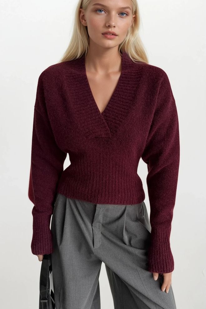 Black Fashion Džemper Bordo Crvena V izrez Elegantan Regularni Kroj Veleprodaja odjeće Ležerni