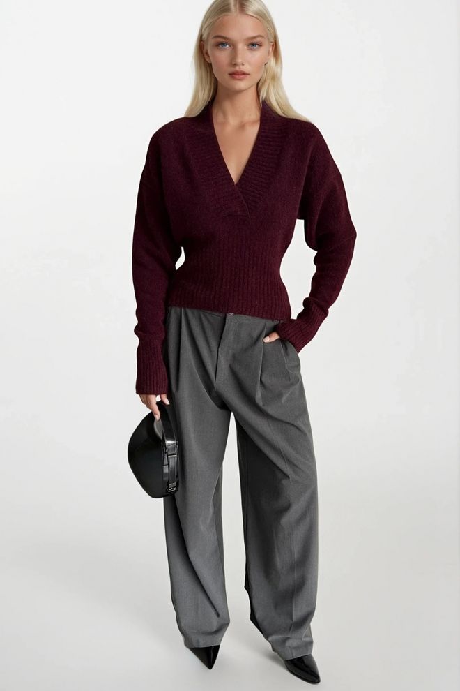 Black Fashion Sveter Bordová V výstrih Elegantný Bežný Strih Veľkoobchod s oblečením Akryl