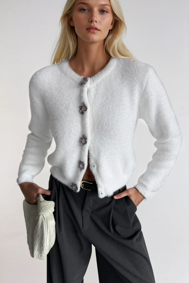 Black Fashion Biały Elegancki Kardigan Na Guziki Z Okrągłym Dekoltem Hurtowa sprzedaż odzieży Casual