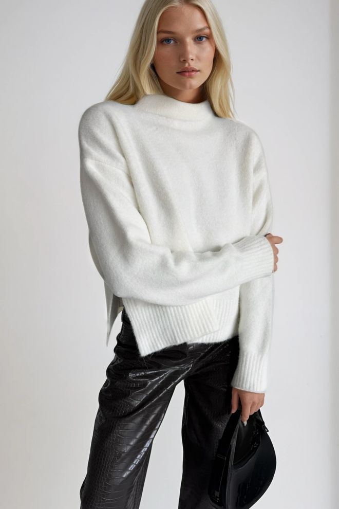 Black Fashion Beyaz Kazak Bol Kalıp Balıkçı Yaka Uzun Kol Toptan Giyim Gündelik