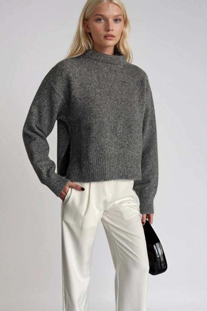 Black Fashion Gri Kazak Balıkçı Yaka Ve Uzun Kollu Toptan Giyim Akrilik