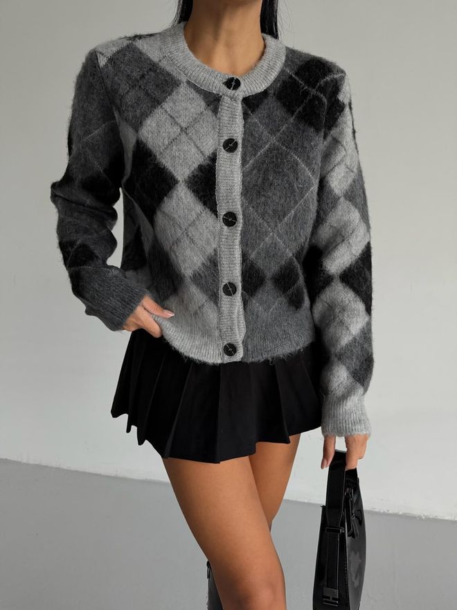 Black Fashion Γκρι Ζακέτα Με Σχέδιο Argyle Κουμπωτή Με Στρογγυλή Λαιμόκοψη Χονδρικό εμπόριο ενδυμάτων Casual