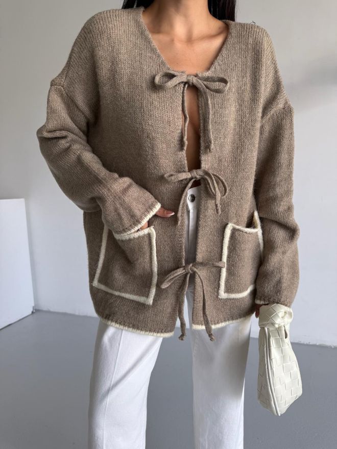 Black Fashion Bej Bol Kalıp Bağlamalı Hırka Toptan Giyim Gündelik