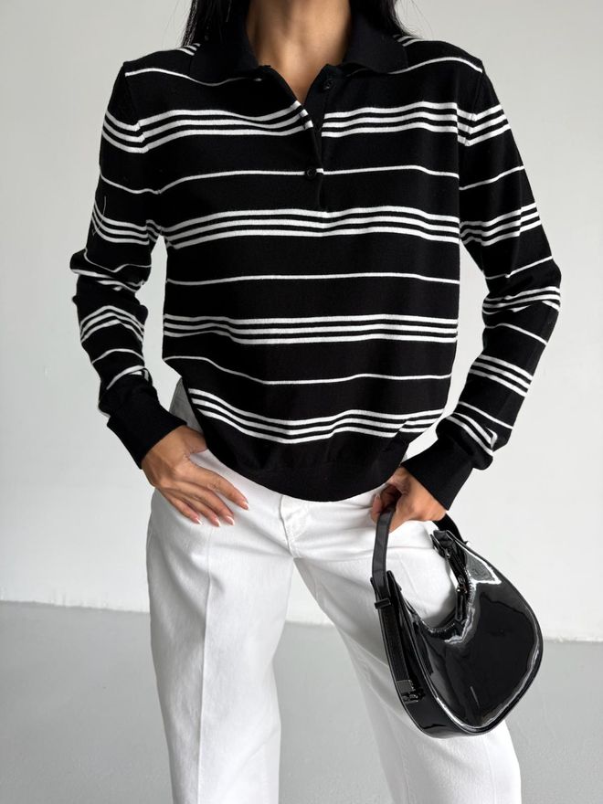 Black Fashion Çizgili Polo Yaka Bluz Siyah Toptan Giyim Gündelik