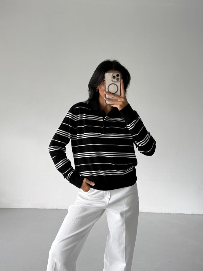 Black Fashion Siyah Çizgili Polo Yaka Uzun Kollu Bluz Toptan Giyim Doğum Günü