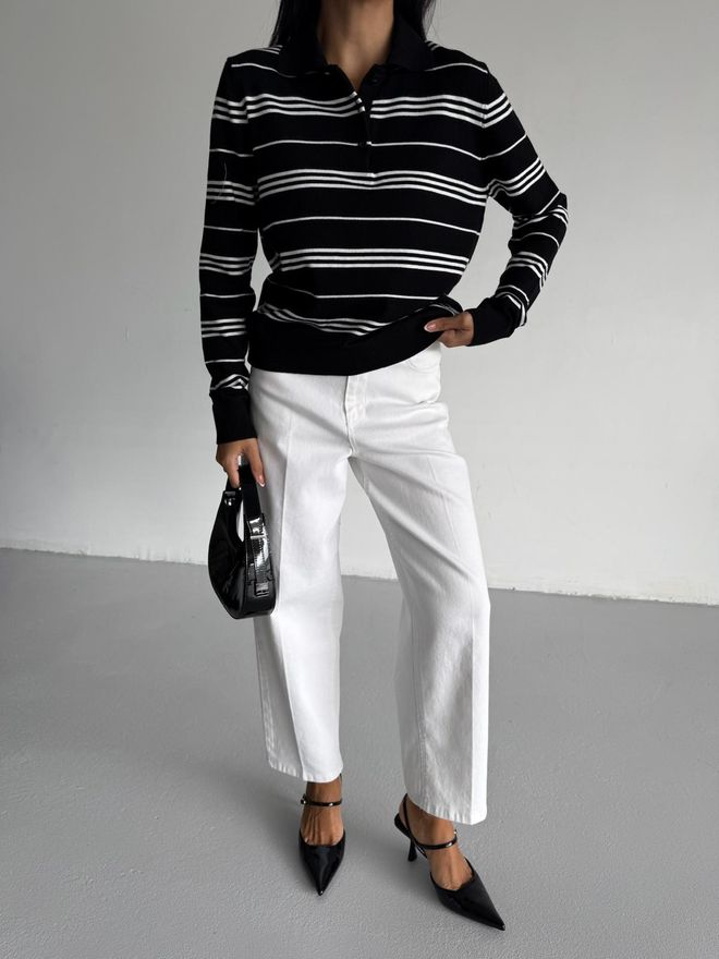 Black Fashion Siyah Çizgili Polo Yaka Uzun Kollu Bluz Toptan Giyim Viskoz