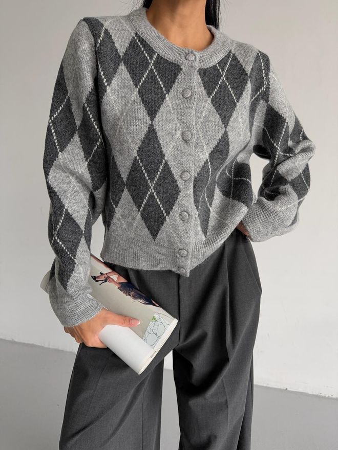 Black Fashion Gri Argyle Retro Hırka Toptan Giyim Gündelik