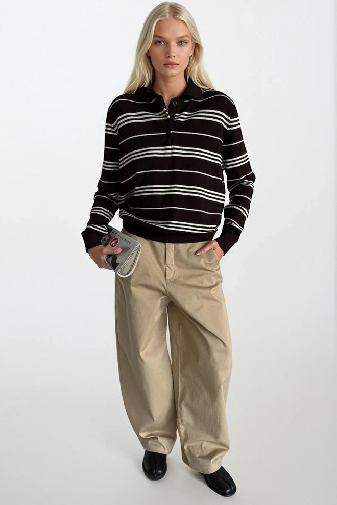 Black Fashion Çizgili Polo Yaka Bluz Kahverengi Toptan Giyim Gündelik