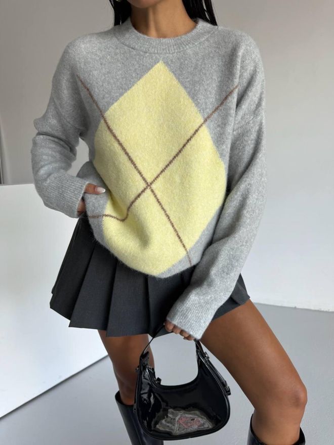 Black Fashion Сив Аргайл Небрежен Пуловер За Есен И Зима Дрехи на едро Небрежен