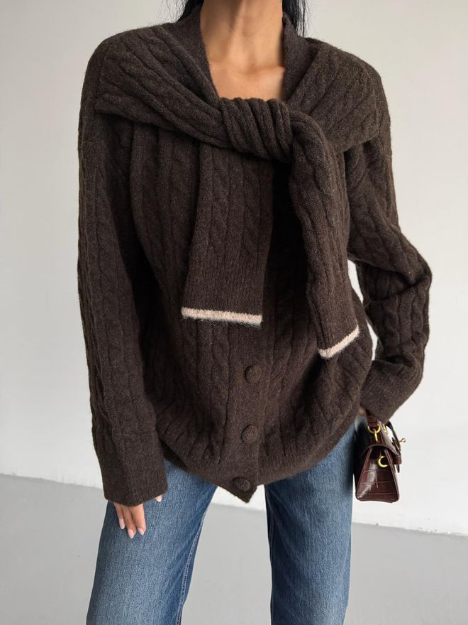 Black Fashion Brown Oversized Fit V Neck Cardigan Wholesale Clothing Casual