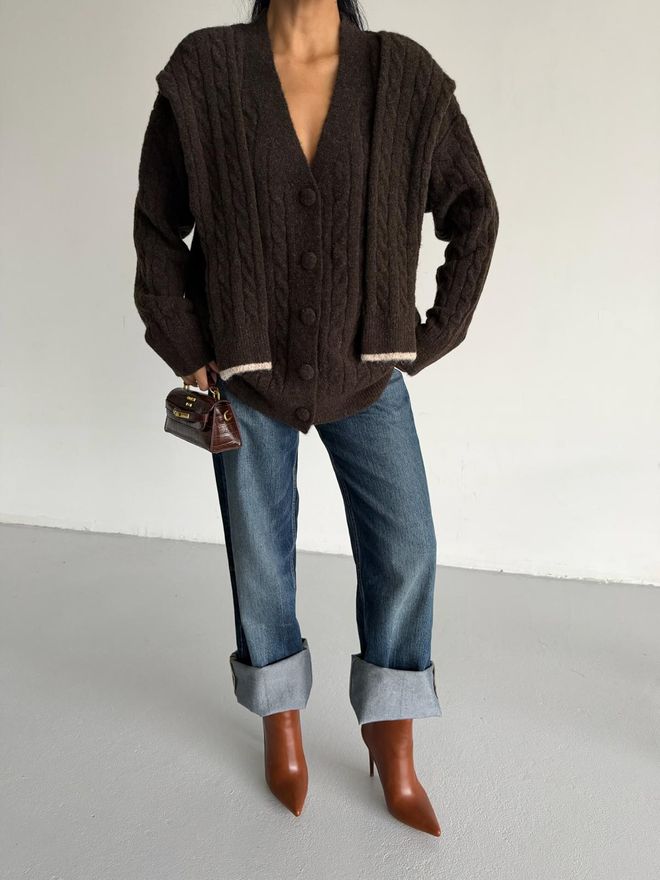 Black Fashion Brown Oversized Fit V Neck Cardigan Wholesale Clothing Acrylic