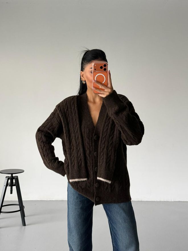 Black Fashion Brown Oversized Fit V Neck Cardigan Wholesale Clothing Birthday