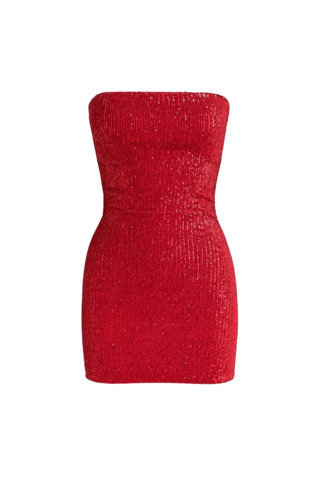 Black Fashion Kırmızı Seksi Işıltılı Zarif Resmi Mini Bandeau Elbise Toptan Giyim Doğum Günü