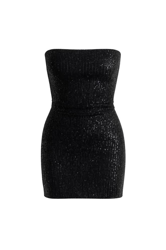 Black Fashion Siyah Payetli Straplez Mini Bodycon Elbise Toptan Giyim Doğum Günü