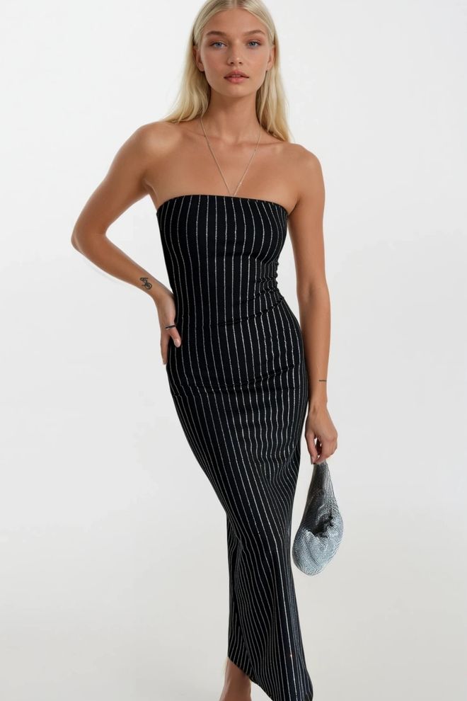 Black Fashion Akmens Siuvinėta Maxi Suknelė Be Petnešėlių Juoda Didmeninė prekyba drabužiais Čiuožėjos