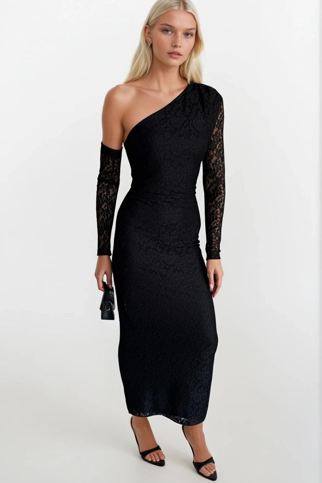 Black Fashion Black Floral Bodycon One Shoulder Midi Dress Wholesale Clothing Sexy