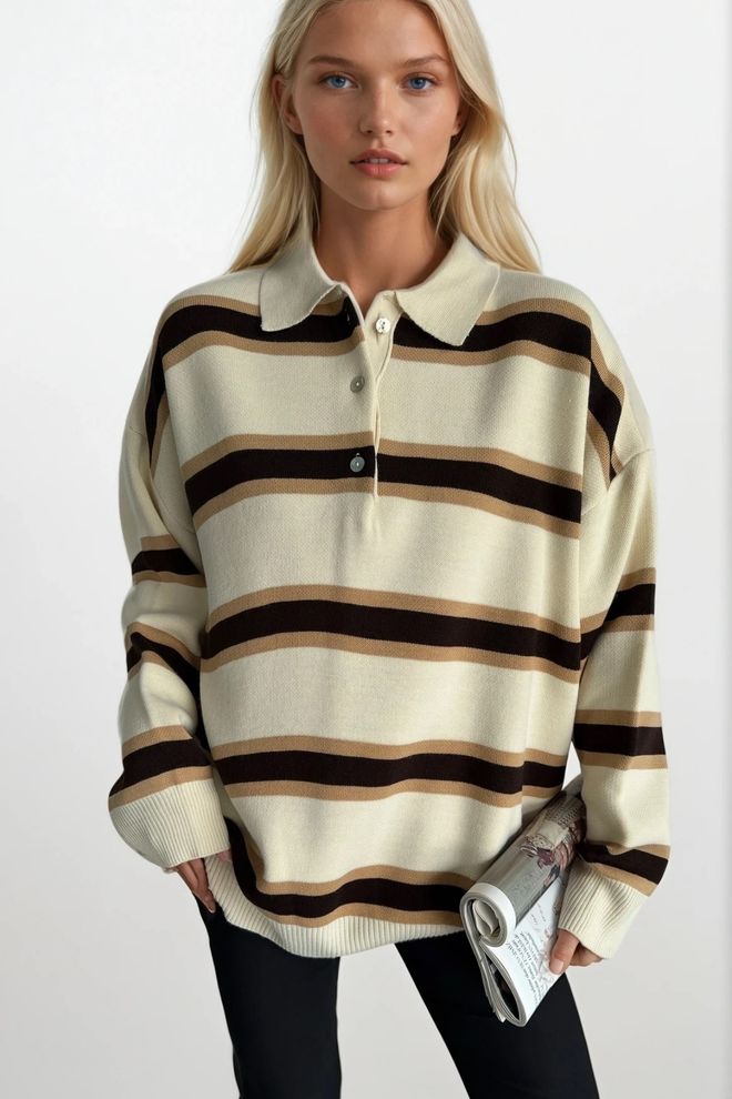 Black Fashion Smėlio Spalvos Oversized Megztinis Dryžuotas Su Polo Apykakle Didmeninė prekyba drabužiais Flisinis švarkas